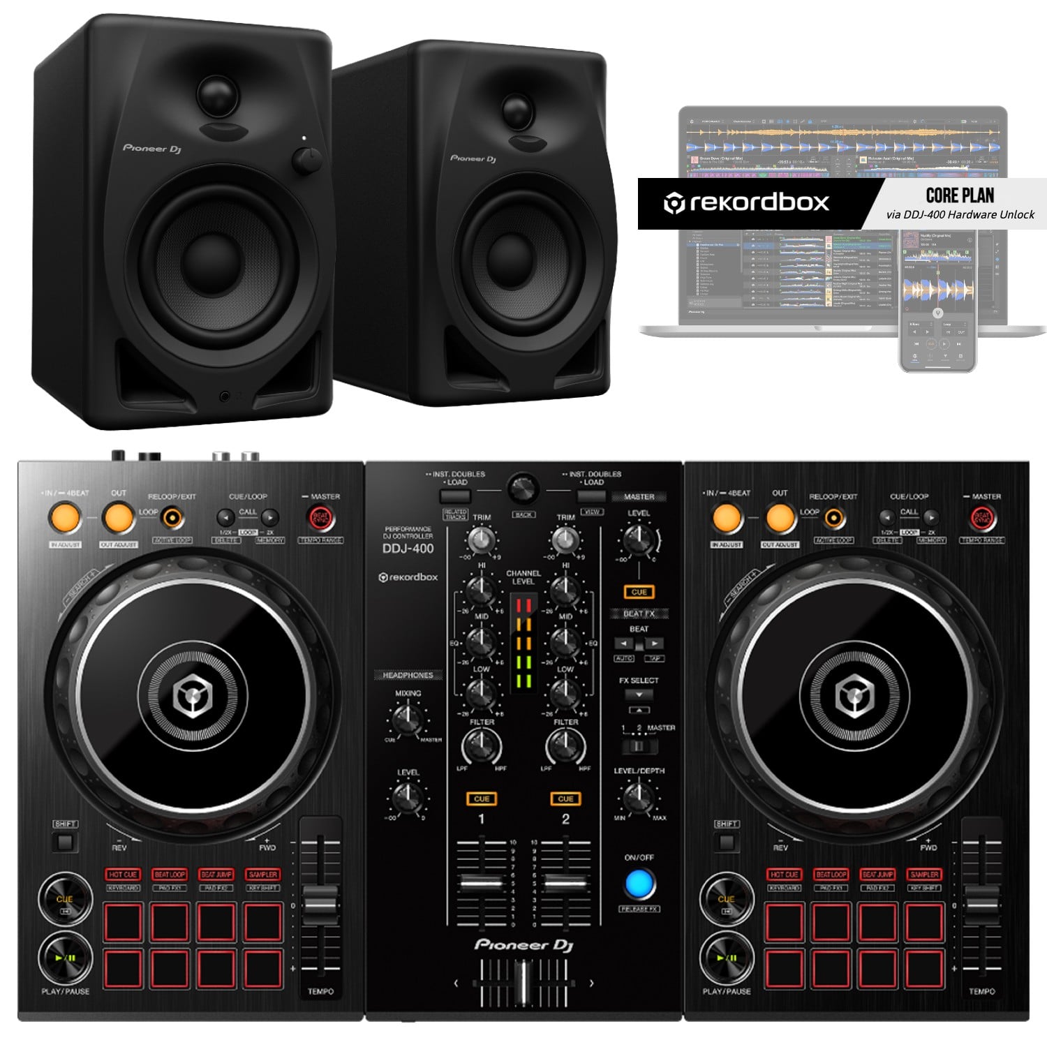 Pioneer DJ DDJ-400 Rekordbox DJ Controller + DM-40D DJ Package – Knight  Sound and Light