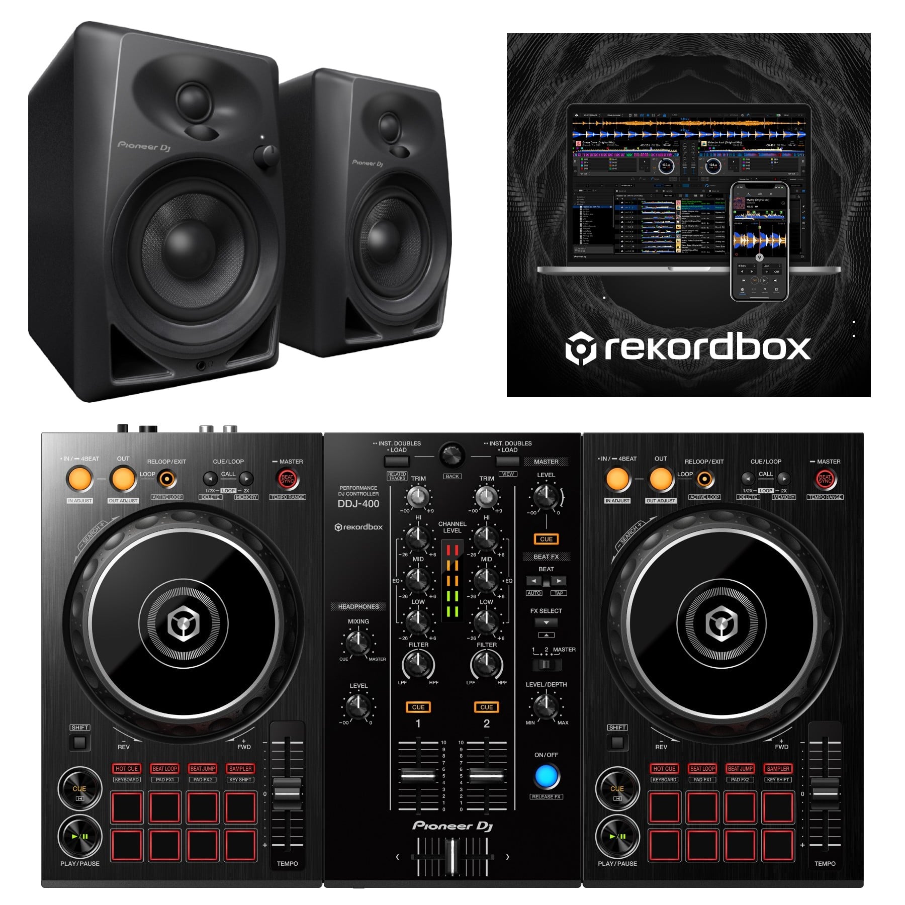 Pioneer DJ DDJ-400 Rekordbox DJ Controller + DM-40 DJ Package – Knight  Sound and Light